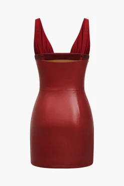 Solid Faux Leather Backless Mini Dress