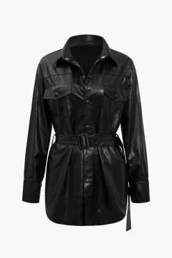 Solid Faux Leather Belted Long-Sleeve Shirt