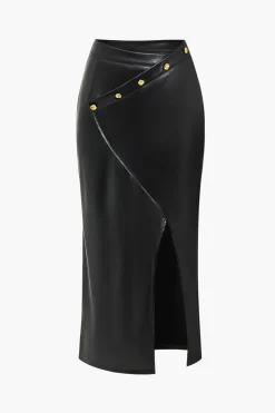 Solid Faux Leather Button Asymmetrical Skirt