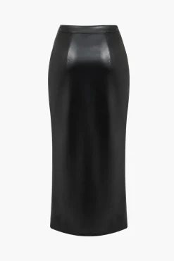 Solid Faux Leather Button Asymmetrical Skirt