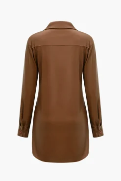 Solid Faux Leather Button Long Sleeve Mini Dress