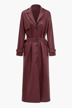 Solid Faux Leather Button Pocket Belted Coat