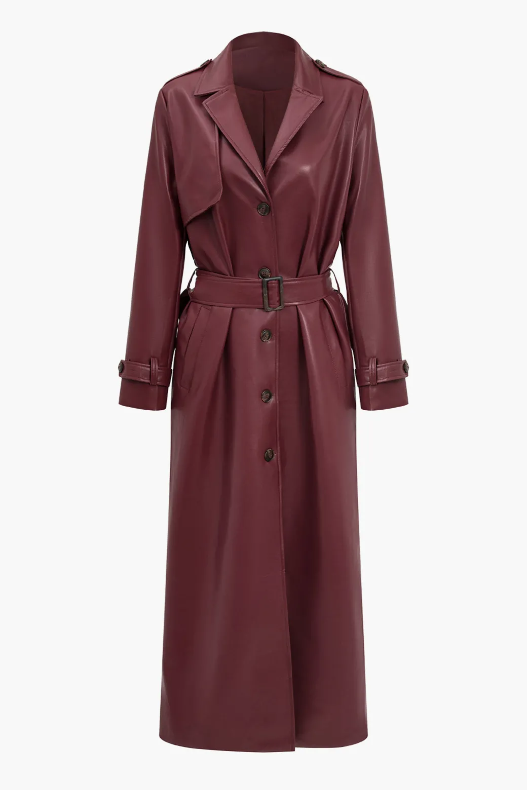 Solid Faux Leather Button Pocket Belted Coat