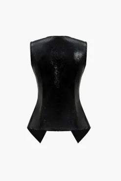 Solid Faux Leather Button Vest