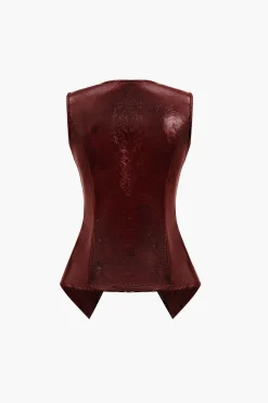Solid Faux Leather Button Vest