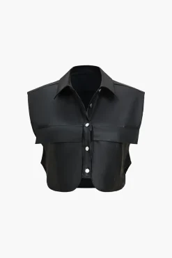 Solid Faux Leather Button Pocket Vest