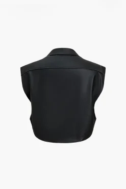 Solid Faux Leather Button Pocket Vest