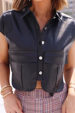 Solid Faux Leather Button Pocket Vest