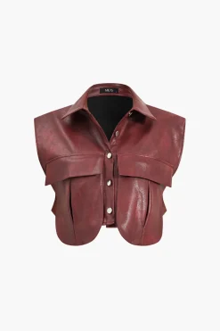 Solid Faux Leather Button Pocket Vest