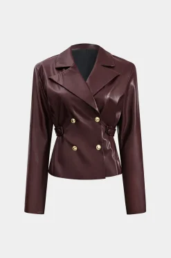 Solid Faux Leather Double Breasted Jacket