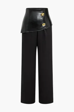 Solid Faux Leather Patchwork Button Trousers