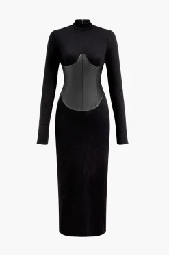 Solid Faux Leather Patchwork Midi Dress