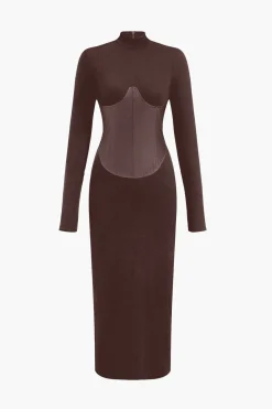 Solid Faux Leather Patchwork Midi Dress