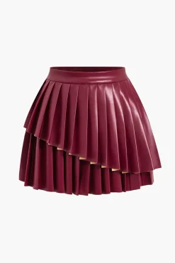 Solid Faux Leather Pleated Asymmetrical Skirt