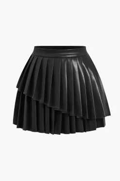 Solid Faux Leather Pleated Asymmetrical Skirt