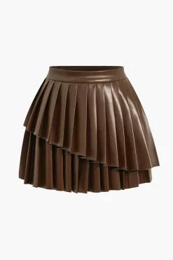 Solid Faux Leather Pleated Asymmetrical Skirt