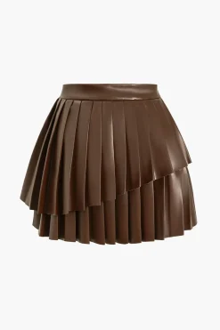 Solid Faux Leather Pleated Asymmetrical Skirt