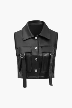 Solid Faux Leather Pocket Vest