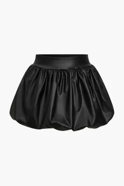 Solid Faux Leather Ruched Puff Skirt