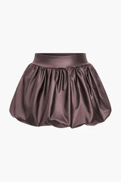 Solid Faux Leather Ruched Puff Skirt