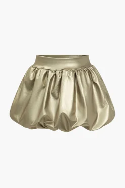 Solid Faux Leather Ruched Puff Skirt