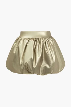 Solid Faux Leather Ruched Puff Skirt