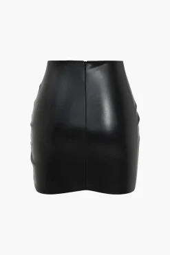 Solid Faux Leather Ruched Skirt
