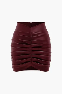 Solid Faux Leather Ruched Skirt
