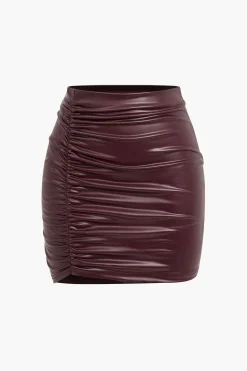 Solid Faux Leather Ruched Skirt