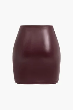 Solid Faux Leather Ruched Skirt