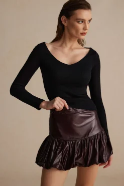 Solid Faux Leather Ruched Skirt