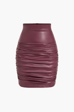Solid Faux Leather Ruched Skirt