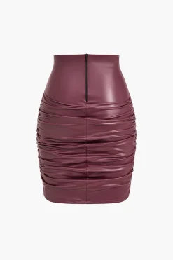 Solid Faux Leather Ruched Skirt