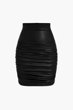 Solid Faux Leather Ruched Skirt
