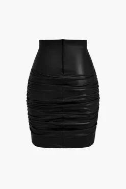 Solid Faux Leather Ruched Skirt