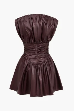 Solid Faux Leather Ruched Mini Dress