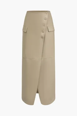 Solid Faux Leather Slit Button Fake Pockets Skirt