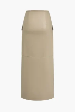 Solid Faux Leather Slit Button Fake Pockets Skirt