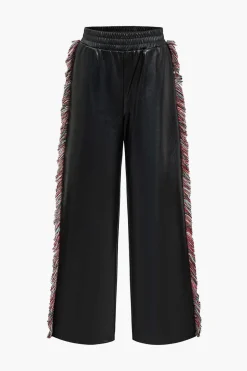 Solid Faux Leather Trousers With Fringe