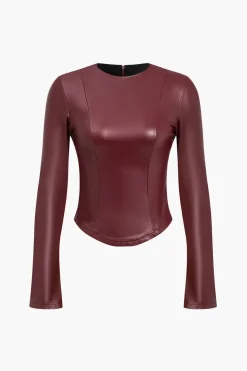 Solid Faux Leather Zipper Detail Long-Sleeve Shirt