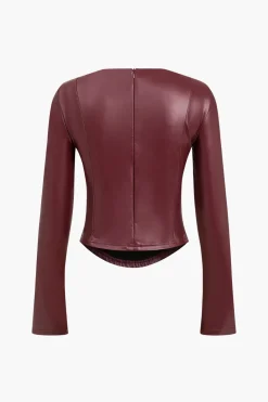 Solid Faux Leather Zipper Detail Long-Sleeve Shirt