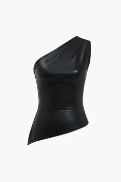 Solid Faux Leather Zipper Asymmetrical Tank Top