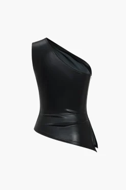 Solid Faux Leather Zipper Asymmetrical Tank Top