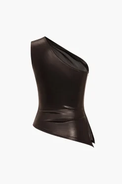 Solid Faux Leather Zipper Asymmetrical Tank Top