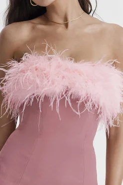 Solid Feather Strapless Mini Dress