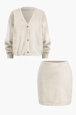 Solid Fleece Button Skirt Set