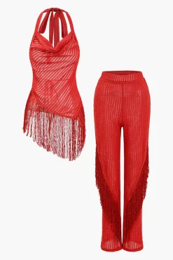 Solid Fringe Backless Asymmetrical Trouser Set