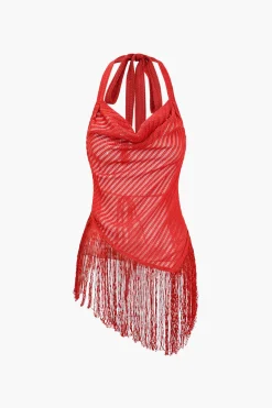 Solid Fringe Backless Asymmetrical Trouser Set