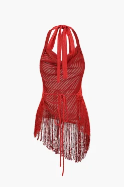 Solid Fringe Backless Asymmetrical Trouser Set