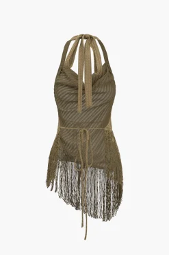 Solid Fringe Backless Asymmetrical Trouser Set